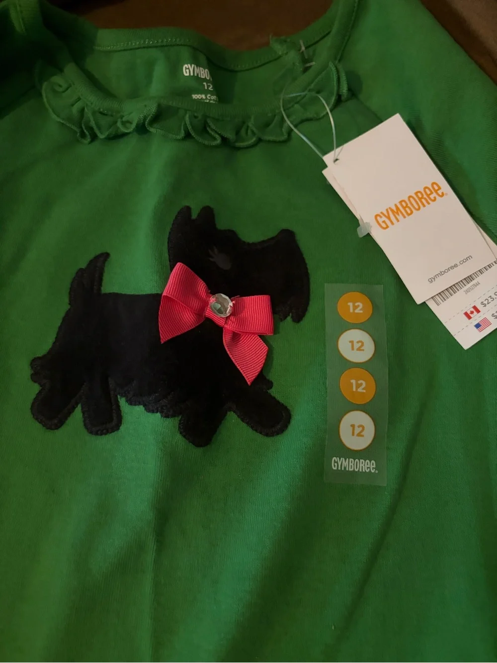 NWOT Gymboree Green Ruffle-Neck Top with Black Scottie Appliqué and Pink Bow